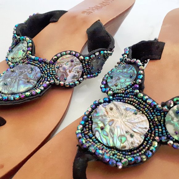 Mystique bead, sequin, natural shell disc embellished heeled flip flop sandals - Picture 2 of 6
